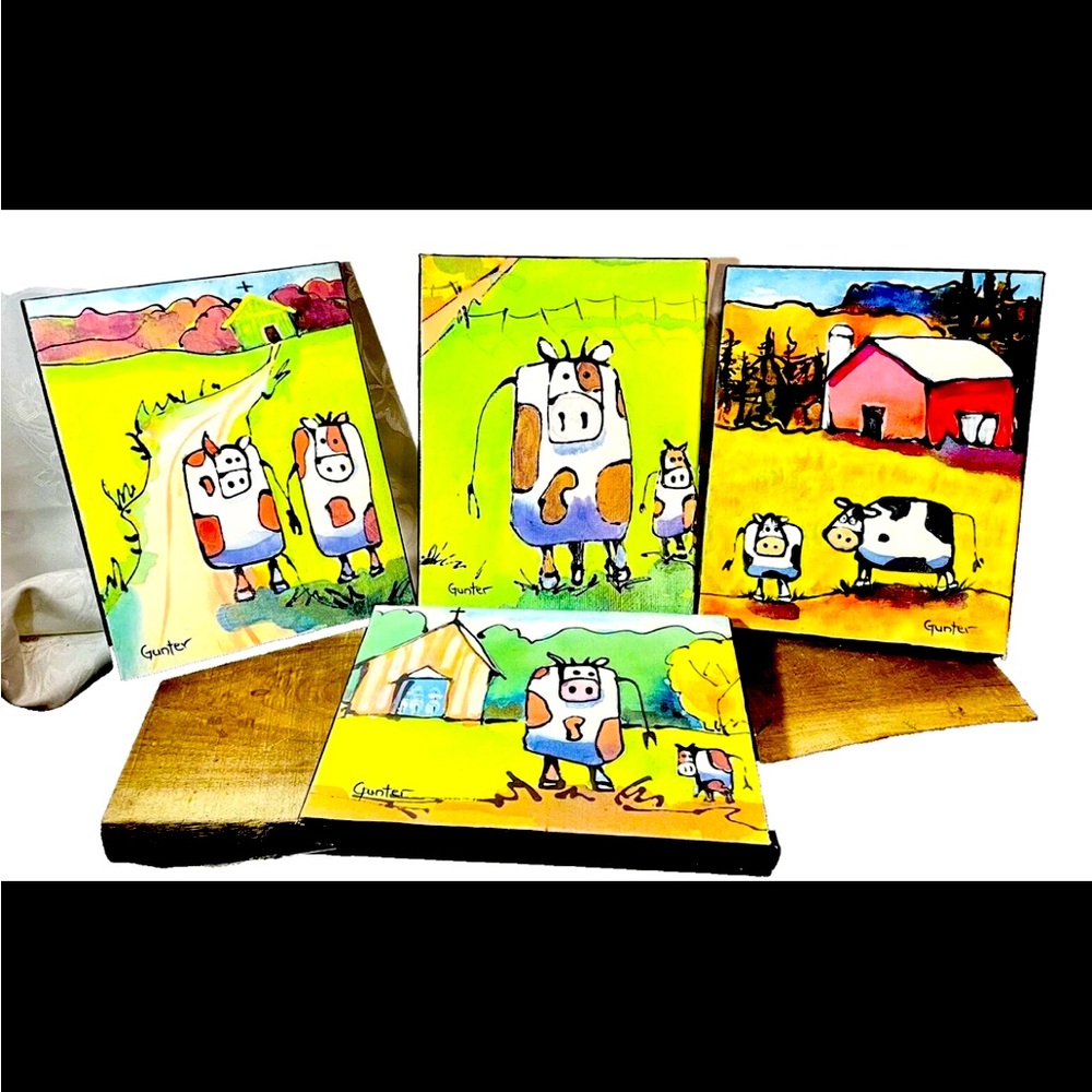 Original Whimsy Acrylic Paintings signed by Artist SUE GUNTER Cows Farm country